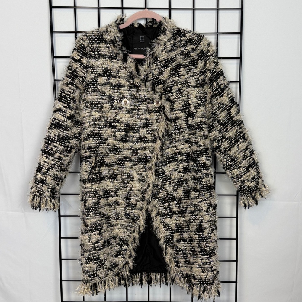 Metro Tweed Coat Womens Small Black Gold Shiny Metallic Fringe Trim Contemporary